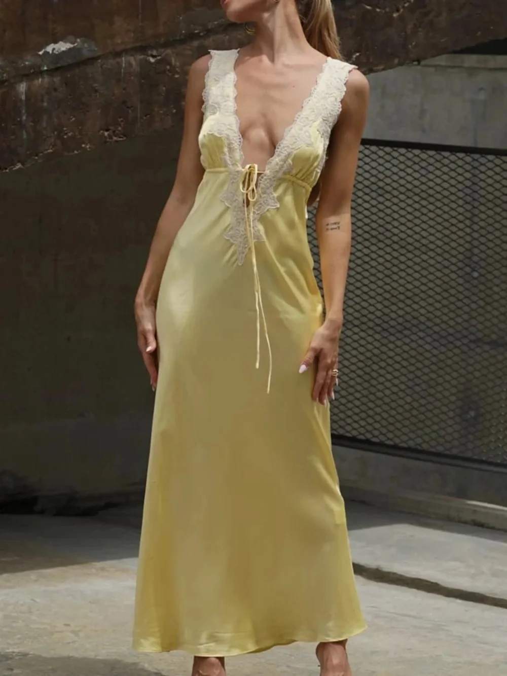 Rumored Yellow Satin Lace-Trim Slip Dress - Picture 1 of 11
